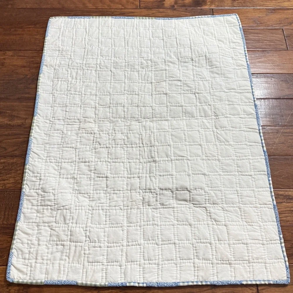 EUC Granny Handmade‎ Patchwork Baby Quilt Blue Grey Yellow Nursery Blanket 36x45